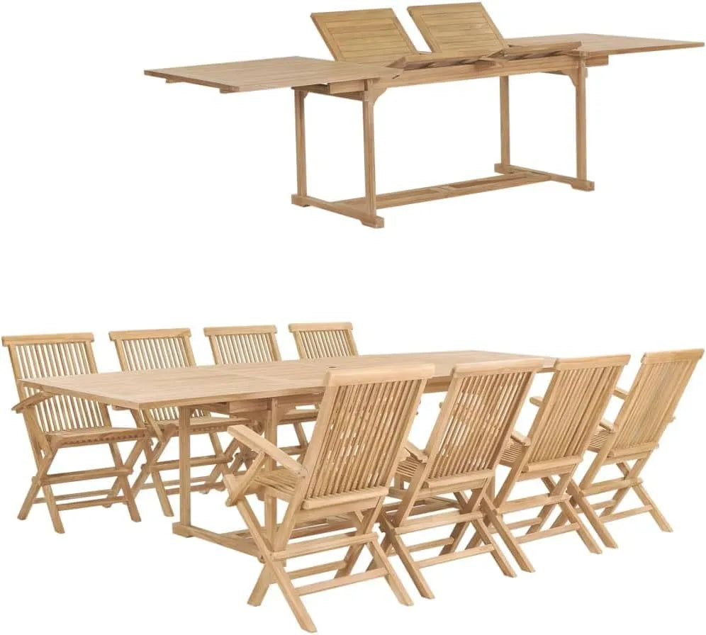 Teck Solide Meuble à Dîner 9pcs Table Extensible 180-280x100x75cm Patio — 9 pièces, 280 × 100 × 75cm