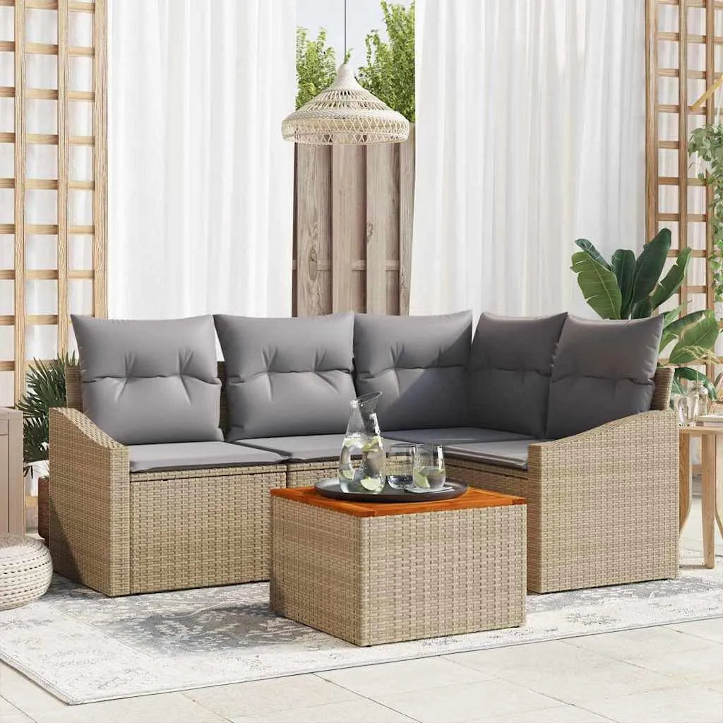 Banc de jardin et banquette de terrasse — avec coussins, 5 pièces, beige, en résine tressée