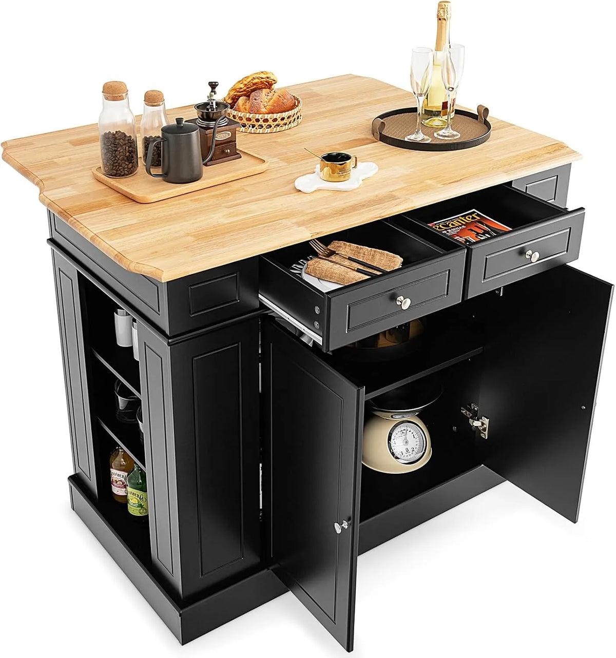 COSTWAY Ilot Central Cuisine Comptoir en Bois d'Hévéa Pliable — avec tiroirs, avec Bibliothèque et étagère de rangements, 3 Niveau ×, 2 Portes
