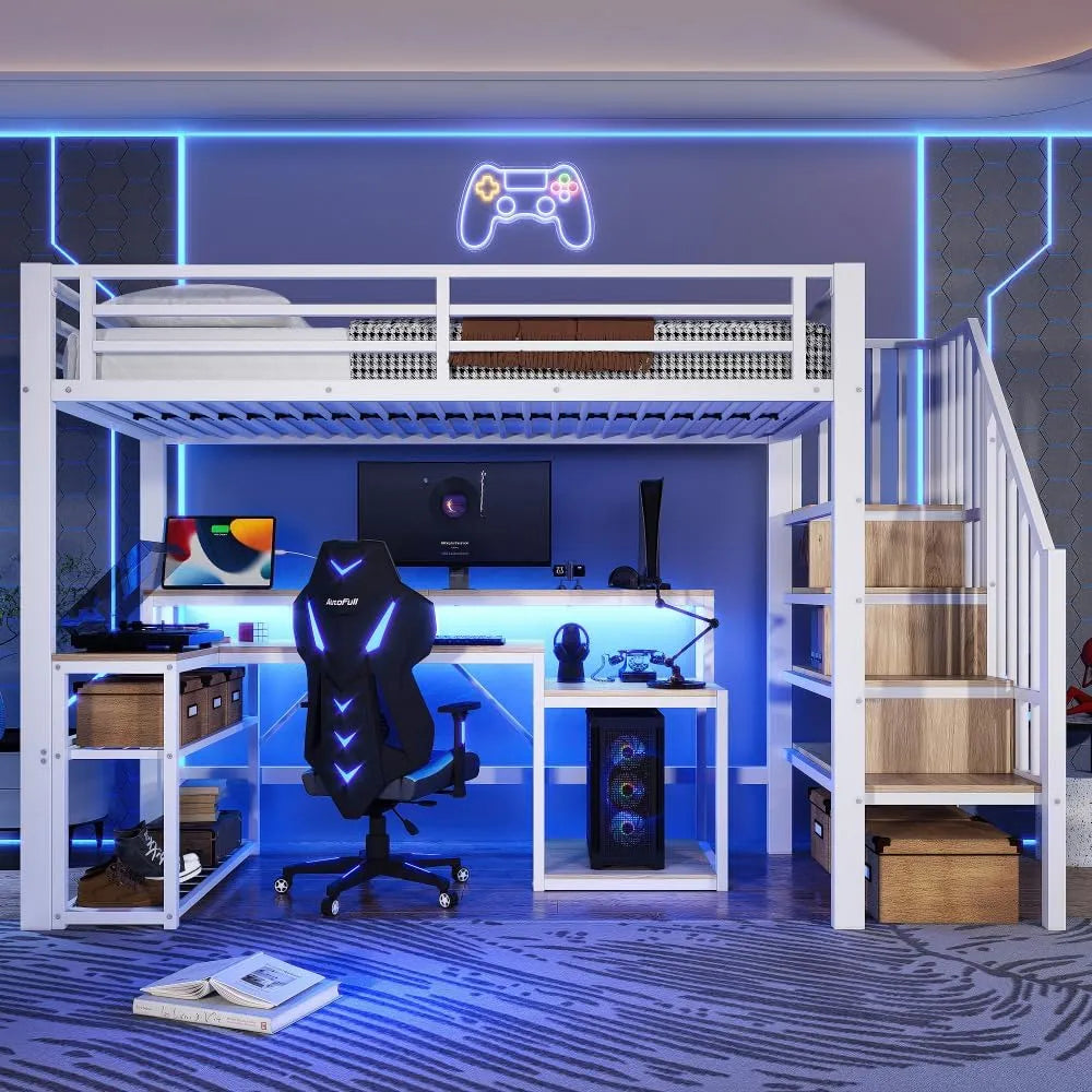Lit superposé et lit mezzanine – pour enfant, avec rangement, avec escalier, avec bureau, 1 Place, 90 × 200 cm, blanc, avec éclairage LED