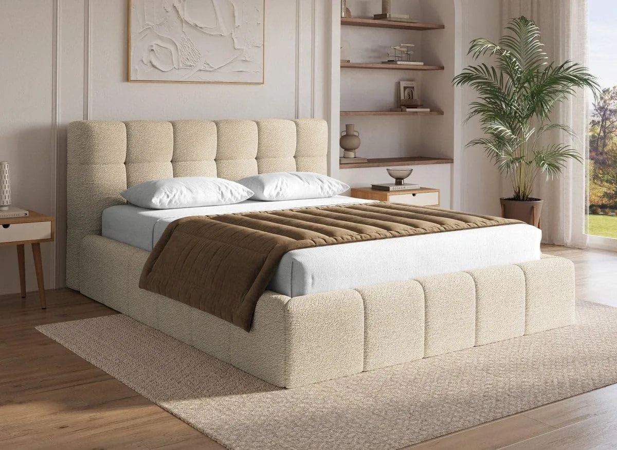 DecoInParis Lit Coffre en Tissu Bouclette Beige 140x190 cm MILIE – revêtement en tissu, revêtement bouclé, 140 × 190 cm