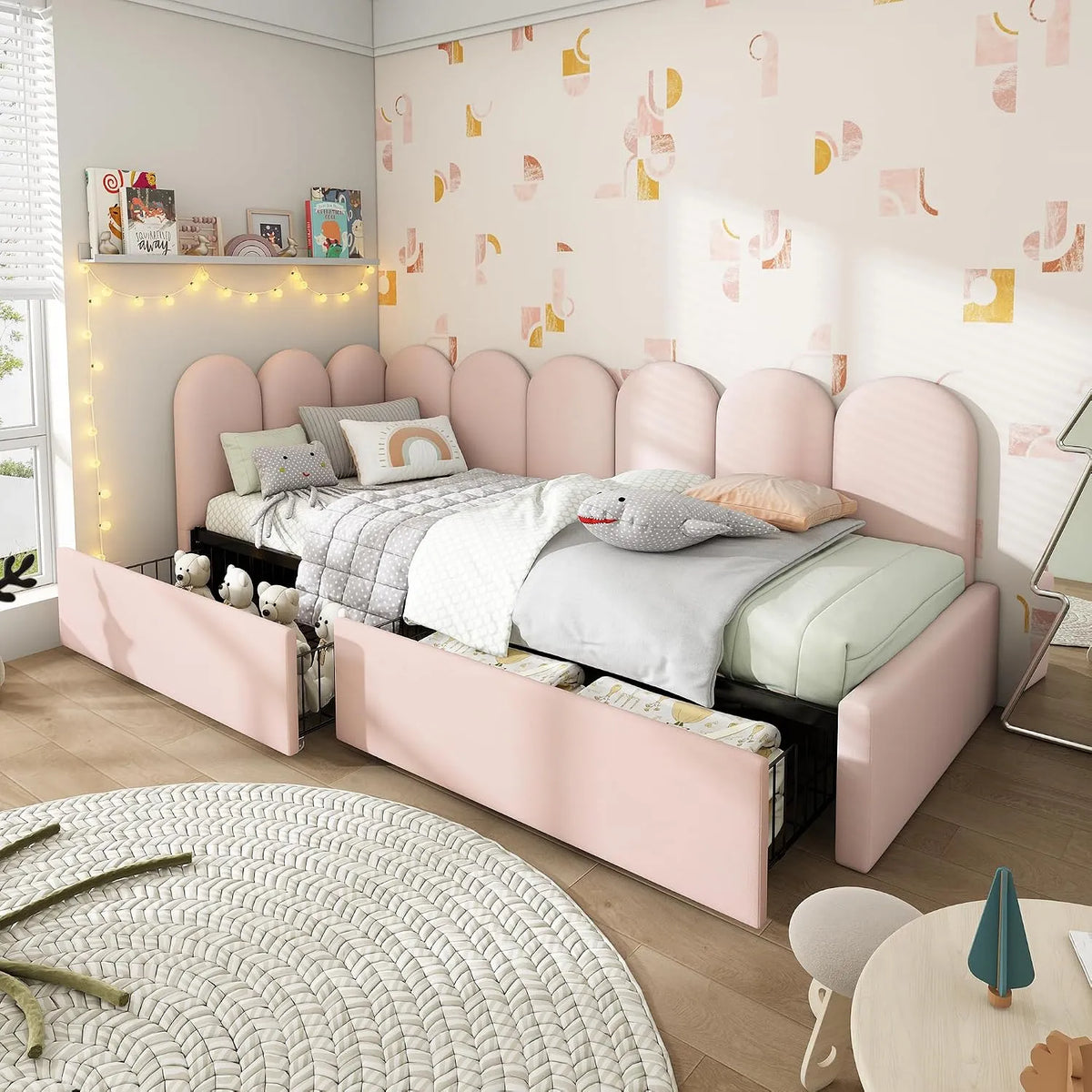 Canapé convertible et canapé-lit – pour enfant, avec tiroirs, 90 × 190 cm, rose, revêtement en velours, revêtement en tissu