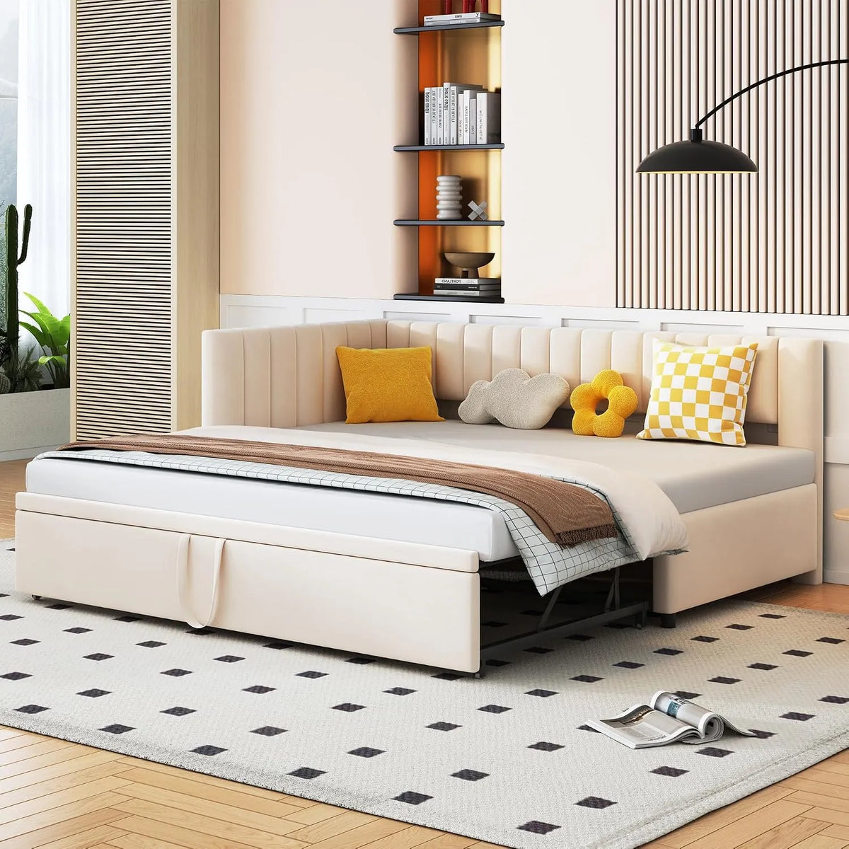 Canapé convertible et canapé-lit — pour enfant, revêtement en tissu, 180 × 200 cm, beige, revêtement en velours