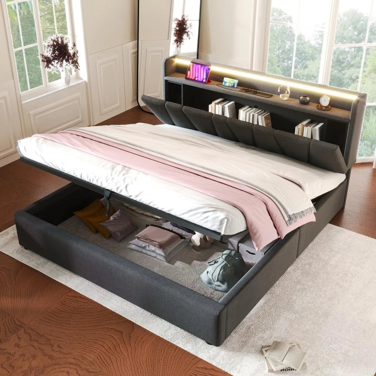 Lit rembourré et cadre de lit tapissé: avec rangement, avec port USB, affichage LED, 160 × 200 cm, gris, revêtement en tissu