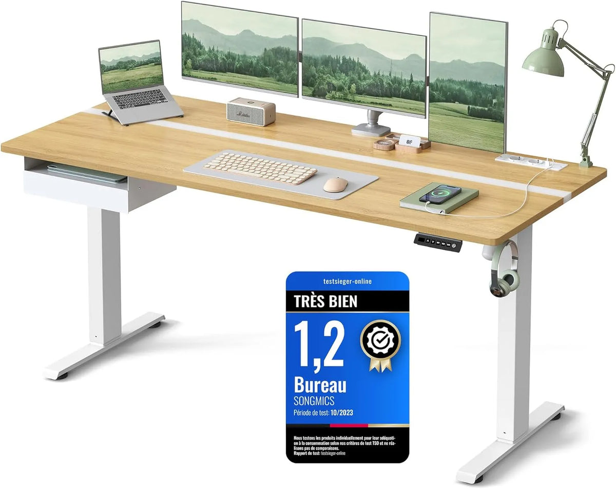VASAGLE LSD116N01 Bureau et table informatique — avec tiroirs, réglable, 70 × 160 cm, blanc, hauteur réglable