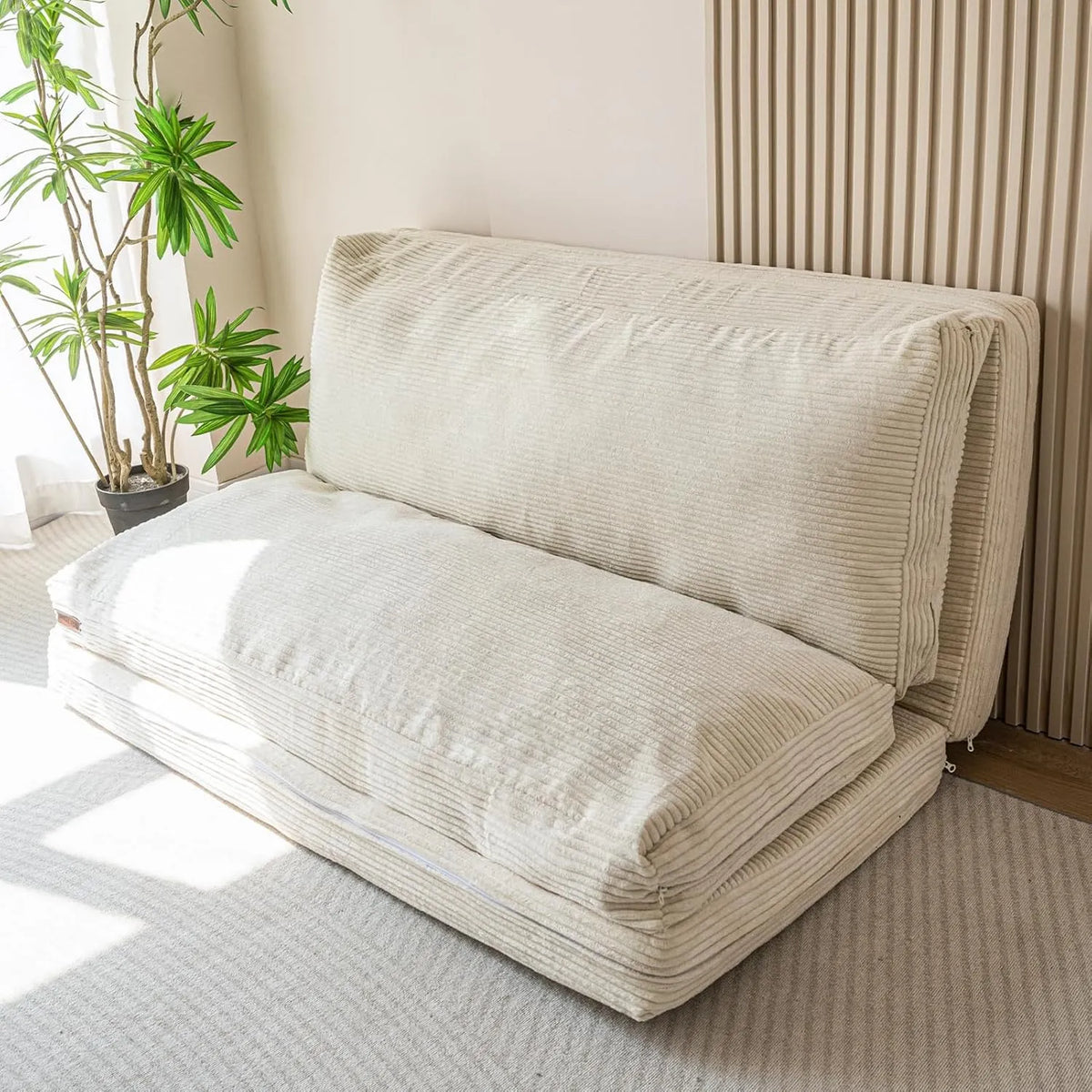 Canapé — lavable, en velours côtelé, rembourrage en mousse, pliable, 135 × 240 cm, beige, revêtement en tissu