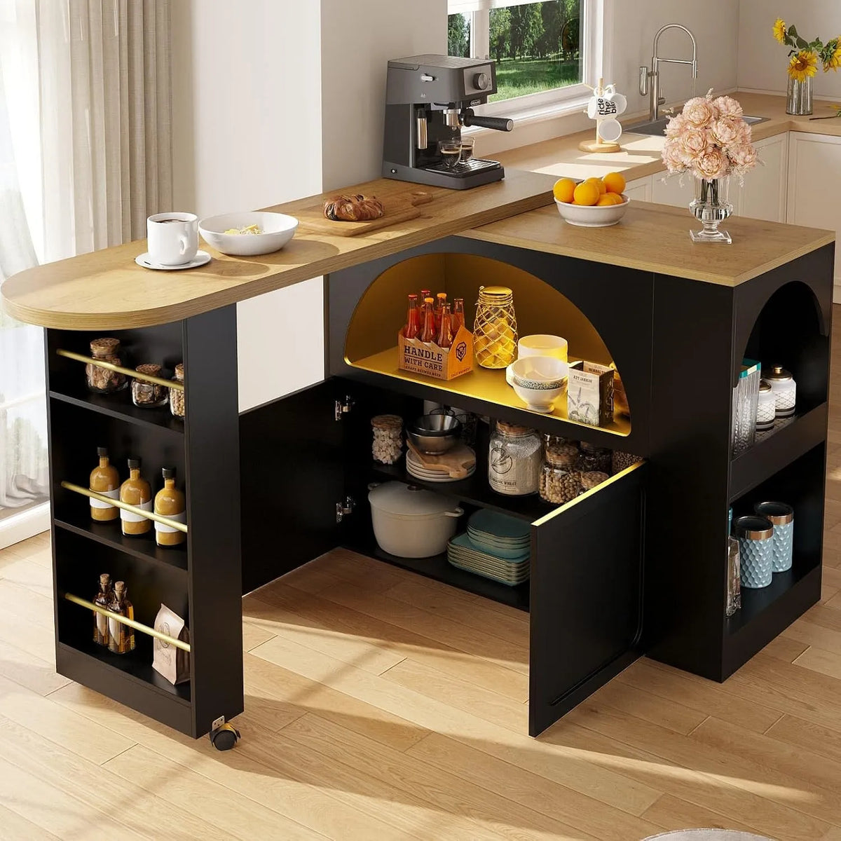 Armoire de rangement — avec rangement, avec tiroirs, avec Bibliothèque et étagère de rangements, pivotant, 2 Portes, 3 Tiroirs, noir