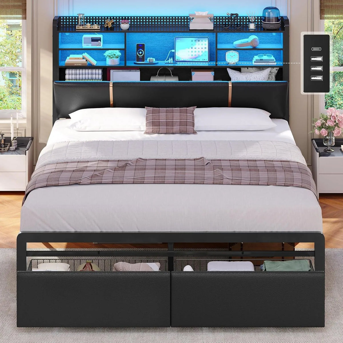 Lit Double 140x190 avec LED et Multiprise, Structure Métallique avec Sommier à Lattes, Rangement Intégré et Tiroirs, Tête de Lit Capitonnée