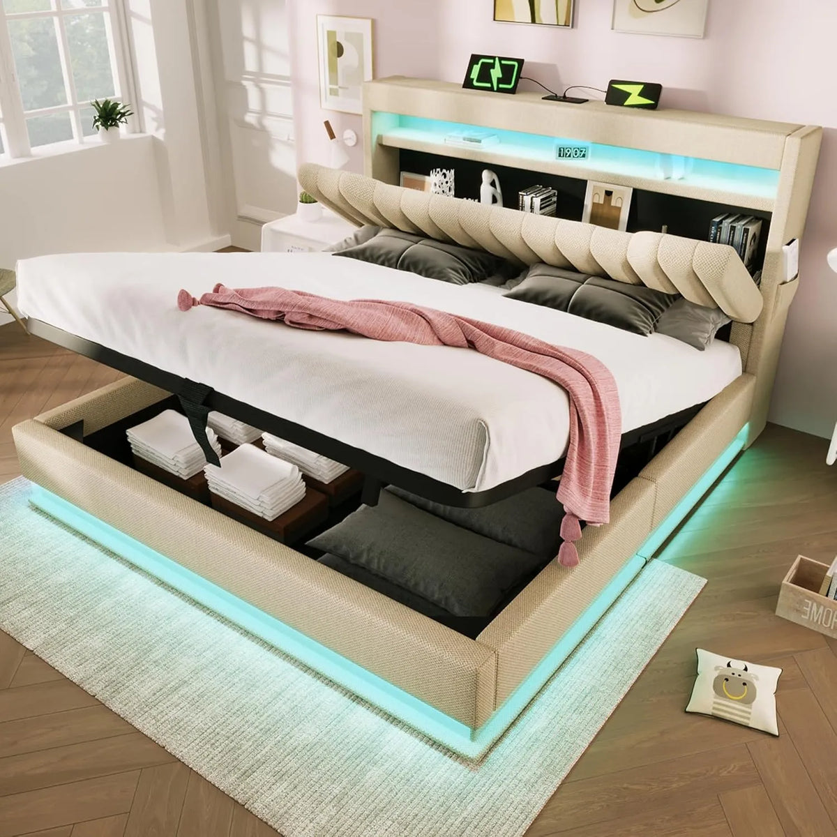 Lit double 140x200 cm avec rangements, ports USB/Type-C et LED, beige
