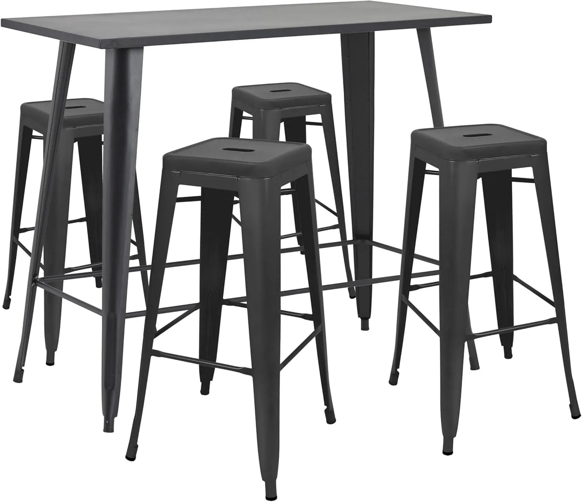 Set de Bar en Métal Noir Mat avec Table Haute et 4 Tabourets pour Jardin
