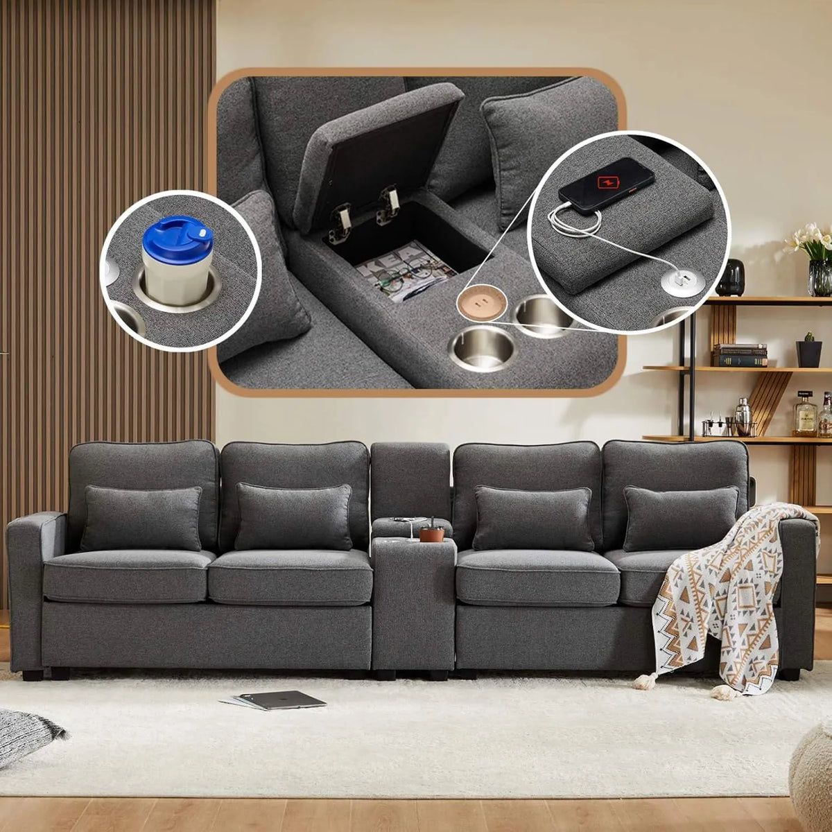 Canapé moderne en lin 4 places, avec accoudoirs poche, porte-gobelets et ports USB, inclus 4 coussins, pour salon ou bureau (gris foncé)