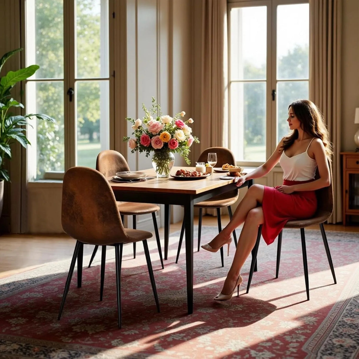 Ensemble de 4 chaises modernes en imitation velours brun avec pieds en métal croisés