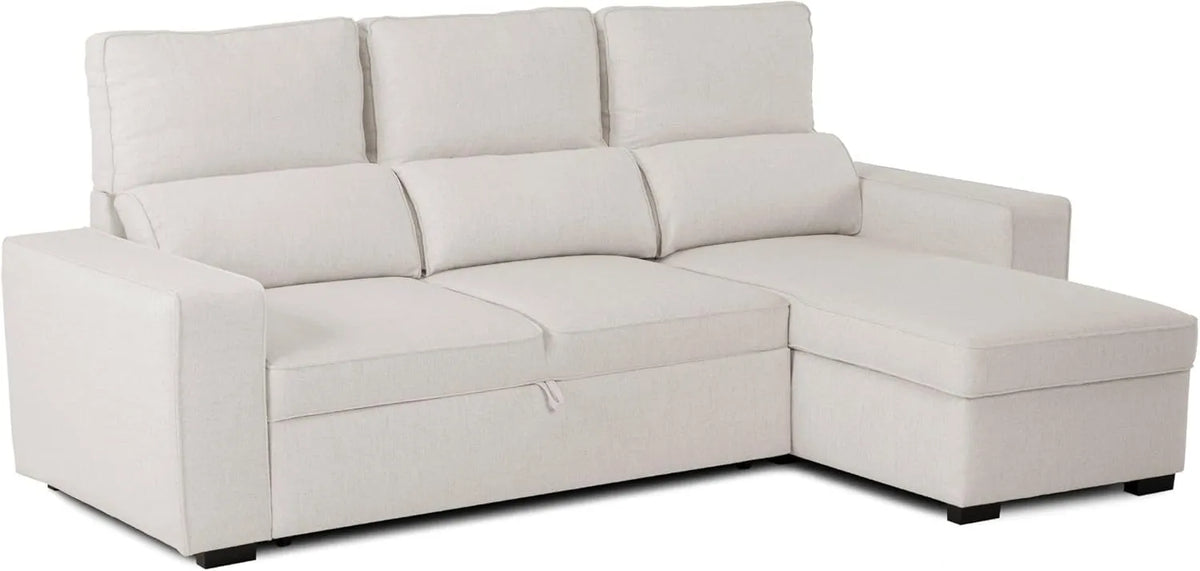 Canapé-lit 3 places Harper avec Méridienne Réversible et Rangement Intégré - Tissu Beige en Polyester, 248,5 x 156 x 103 cm