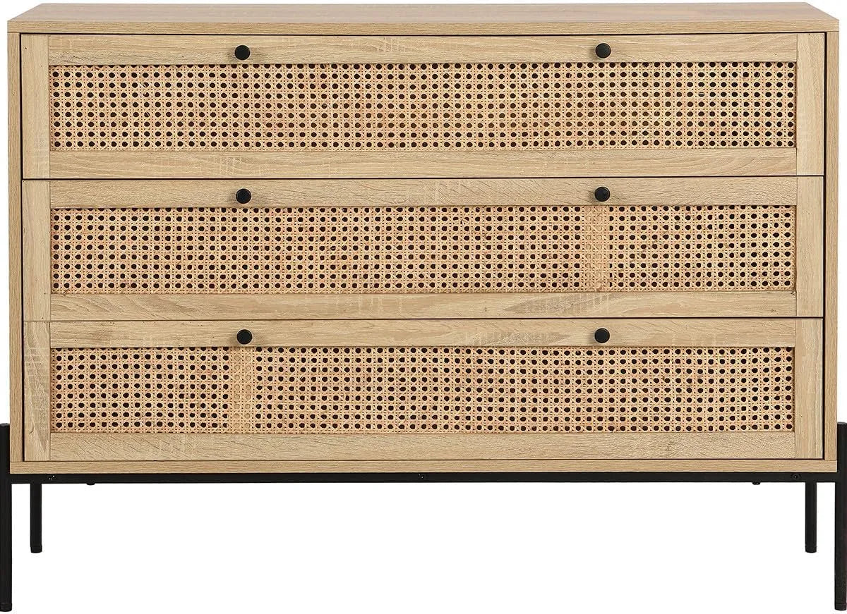 Commode Iris 3 Tiroirs en Cannage Naturel et Finition Chêne 105 cm - HOMIFAB