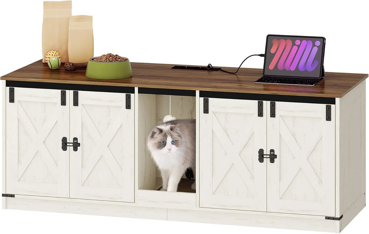 Armoire à litière pour chats avec ports USB et prises, cache-litière marron rustique et blanc, 140 cm, pour 2 chats