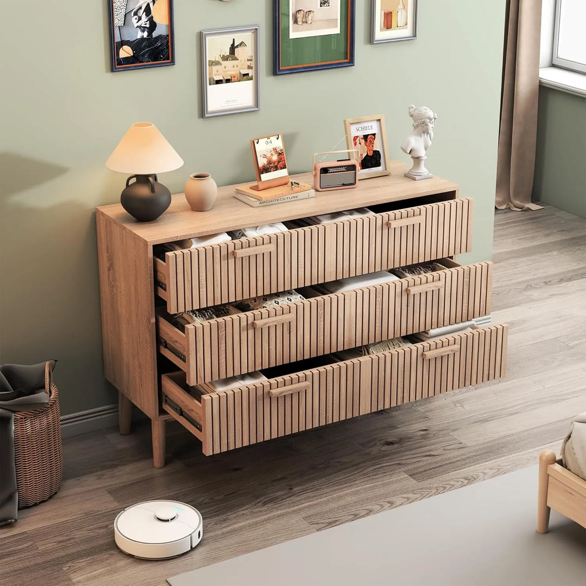 Commode Moderne en Bois à 6 Tiroirs, Grand Rangement avec Design Linéaire pour Salon et Chambre, 100x34x73cm