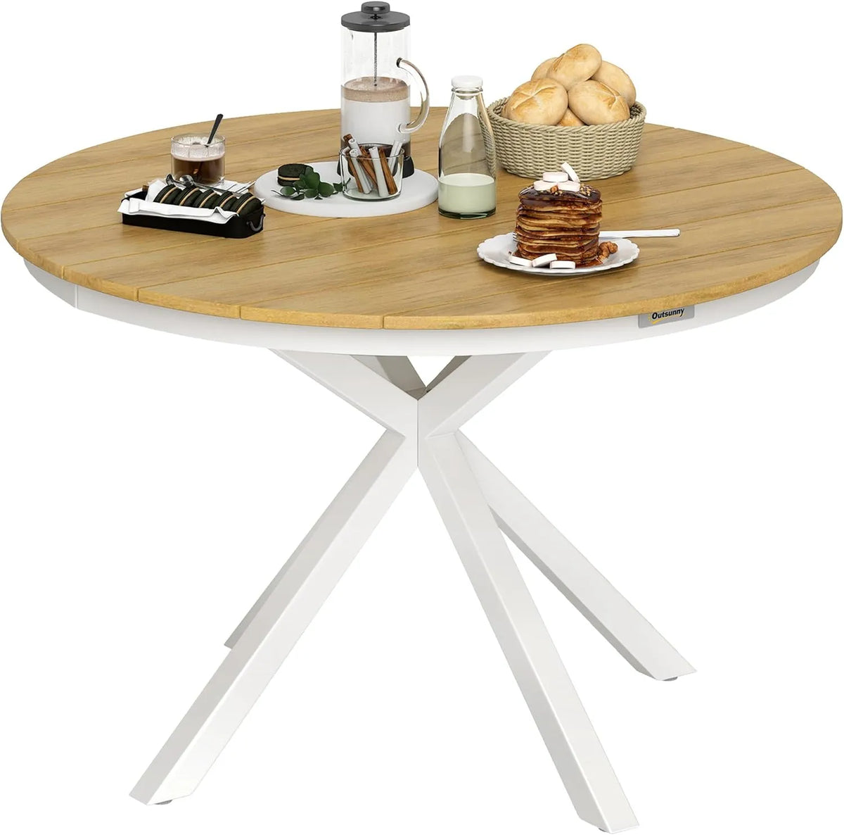 Table de Jardin Ronde en Aluminium avec Plateau Effet Bois, Ø 118 cm - Idéale pour Balcon et Terrasse
