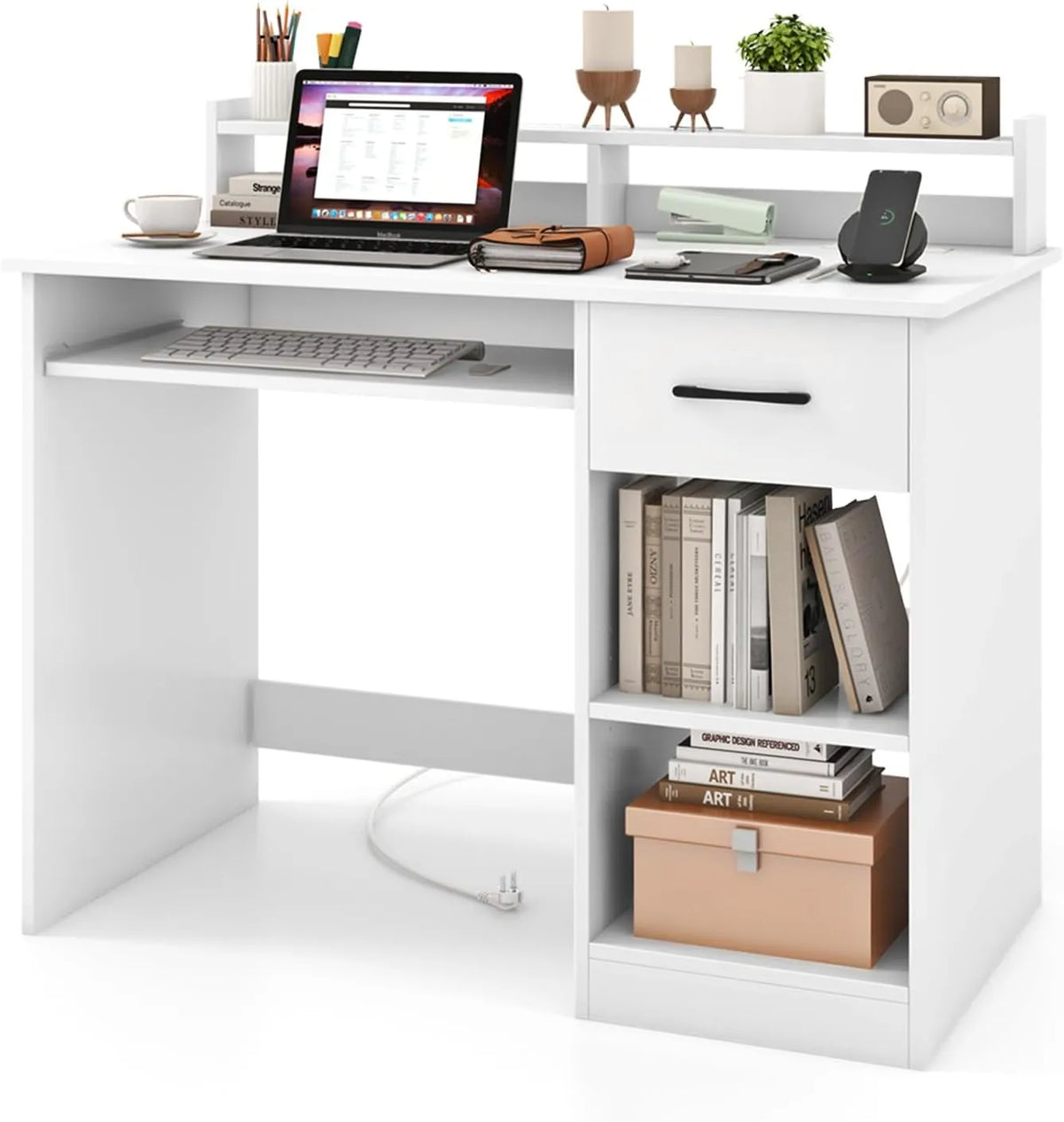 LIFEZEAL Table Informatique Fonctionnelle avec Rangements, Tiroir et Chargeur Intégré, 105x55x89 cm (Blanc)