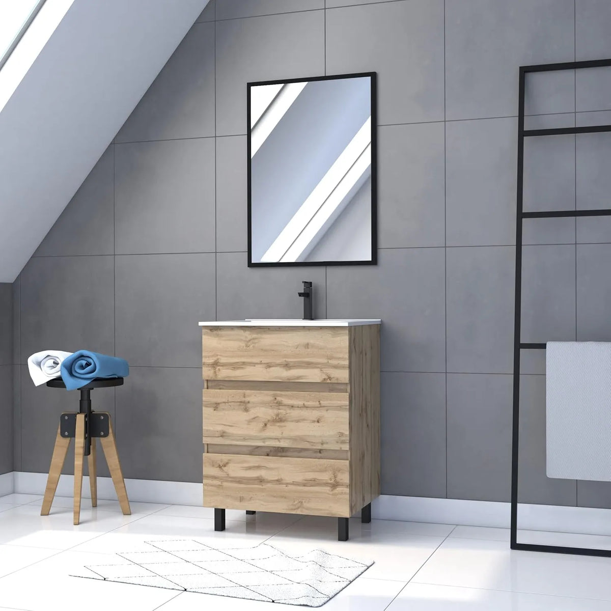 Ensemble Meuble de Salle de Bain 60 cm avec Vasque et Miroir - Chêne Naturel