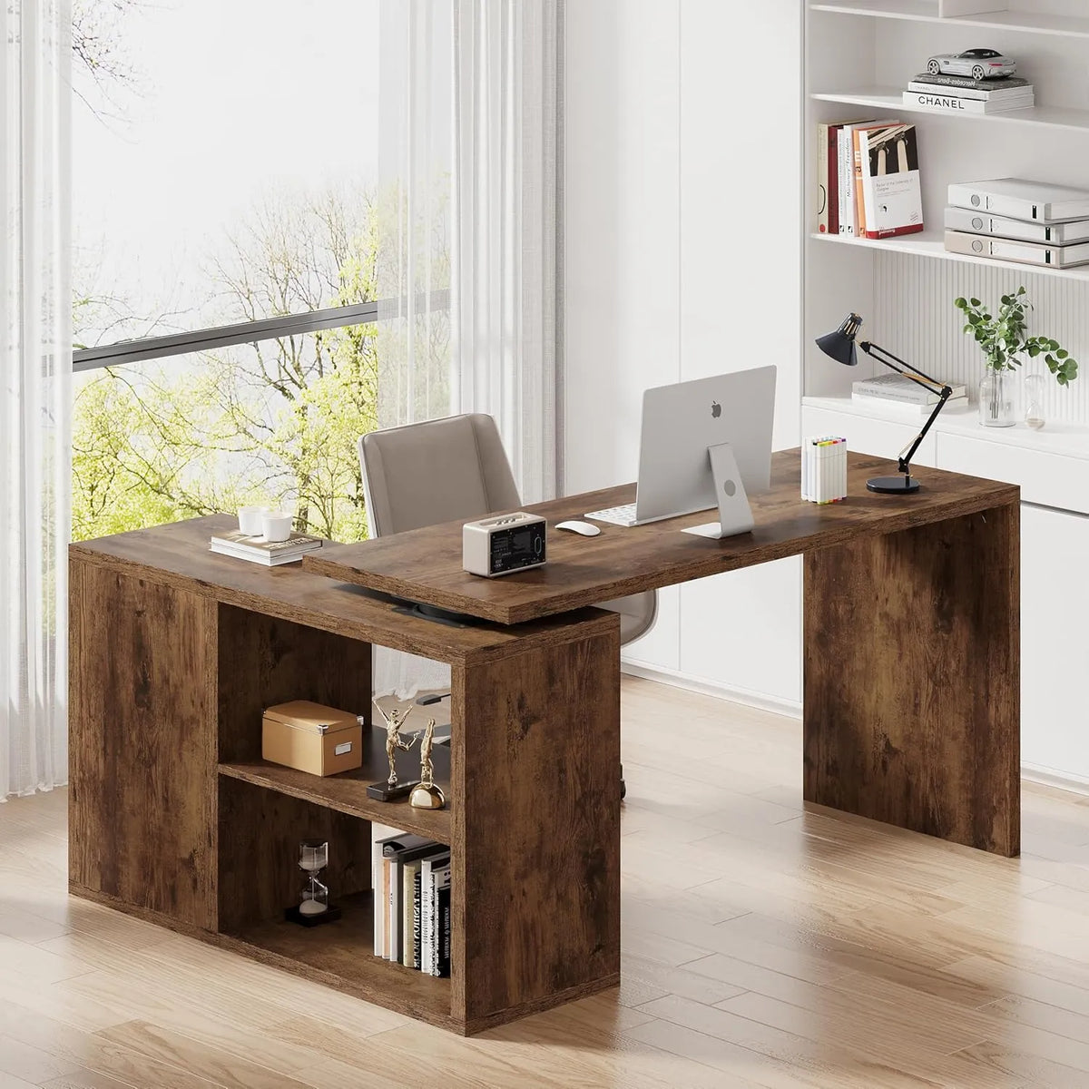 Bureau d'Angle Moderne Blanc avec Étagère et Tiroir, 140 cm, Marron Rustique