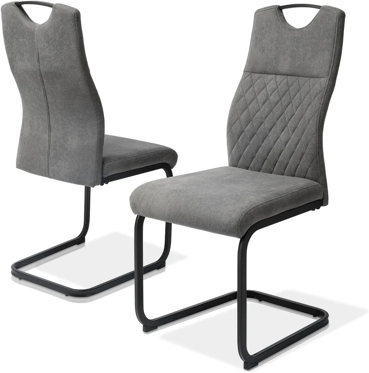 Lot de 2 chaises de salle à manger modernes en simili cuir gris avec dossier haut et pieds noirs