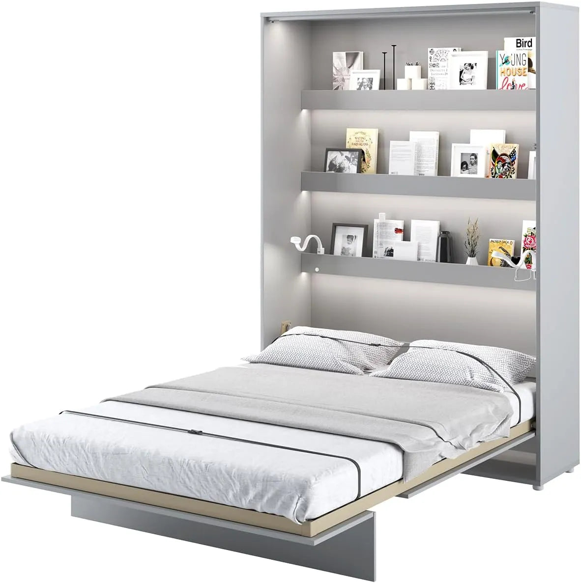 Lit Escamotable MEBLINI 1 Place - Armoire avec Matelas Inclus - Gris Mat Vertical 140x200cm