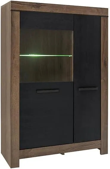 Bibliothèque Vitrine avec Éclairage LED, 2 Portes, Chêne Marron Foncé/Noir, 100,5x39,5x148,5 cm