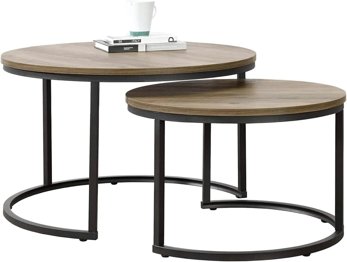 Ensemble de 2 tables basses gigognes rondes en bois foncé et acier laqué noir