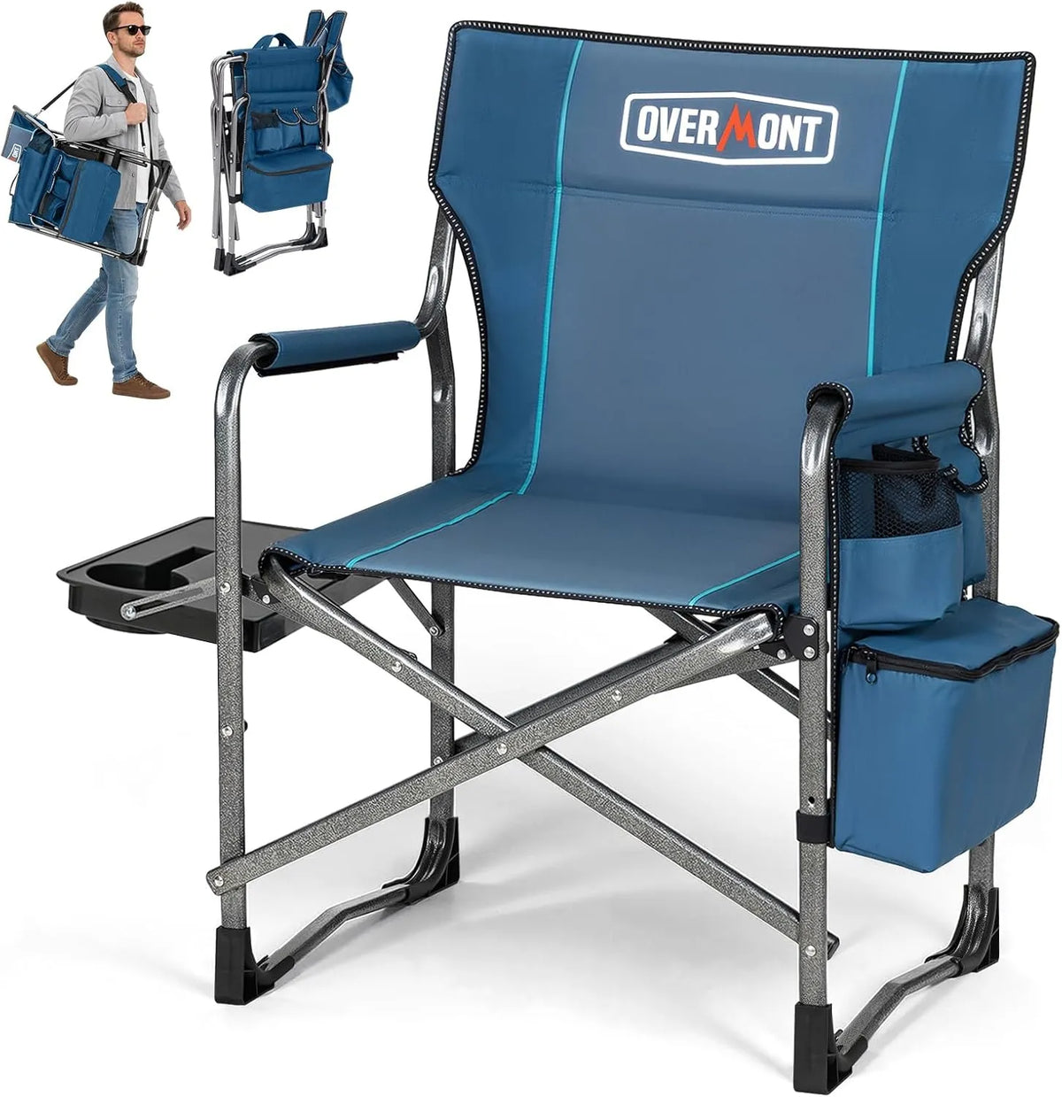 Chaise de Camping Pliable avec Table et Compartiment Isotherme - Idéale pour Camping et Festival - Jusqu'à 180 Kg - Bleu Gris
