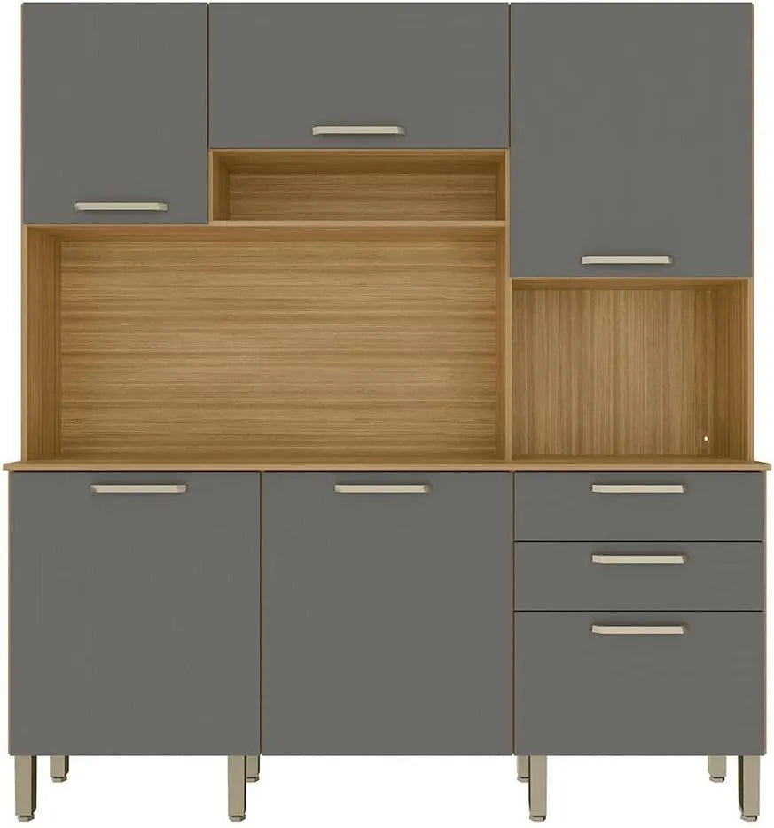 Meuble de Rangement Cuisine 6 Portes 2 Tiroirs Bois Chêne et Gris 180x198x39 cm