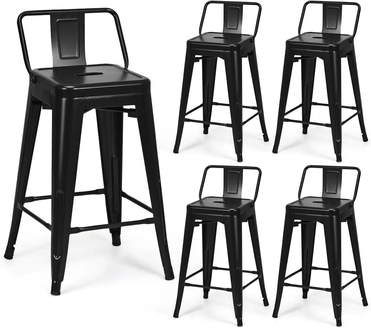 Tabourets de Bar Industriels en Métal, Lot de 4, Dossier Amovible, Empilables, Hauteur 60 cm, Pieds Antidérapants pour Cuisine et Café