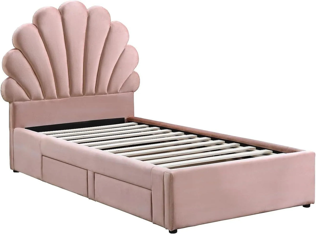 Lit d'enfant coque 90x190 cm avec tiroirs en velours rose Moana