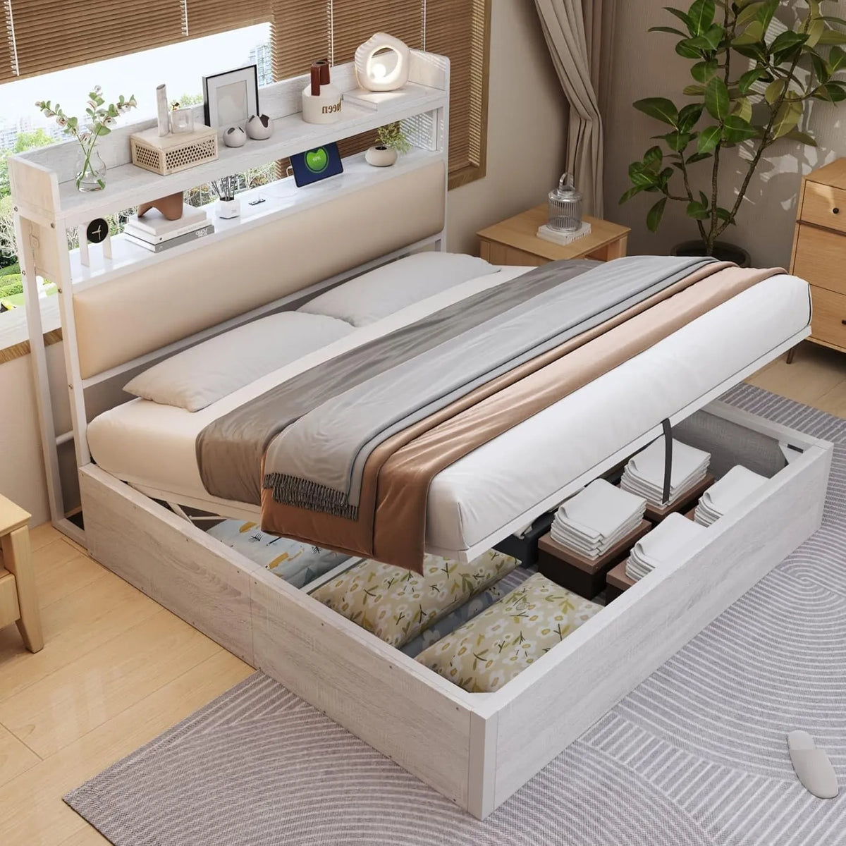 Cadre de Lit Double 180x200cm avec Rangement Intégré et Port USB-C, Sommier à Lattes, Tête de Lit Rembourrée, Adultes et Adolescents, Blanc