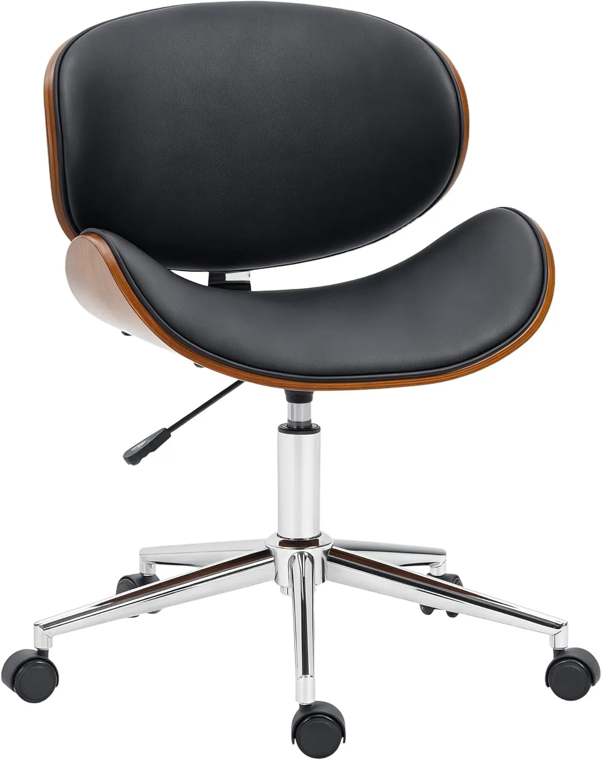 Chaise de Bureau Rétro Vinsetto, Hauteur Ajustable, Pivotante 360°, Base Chromée, Bois de Peuplier, Revêtement Synthétique, Dimensions 53 x 53 x 77-87 cm, Noir