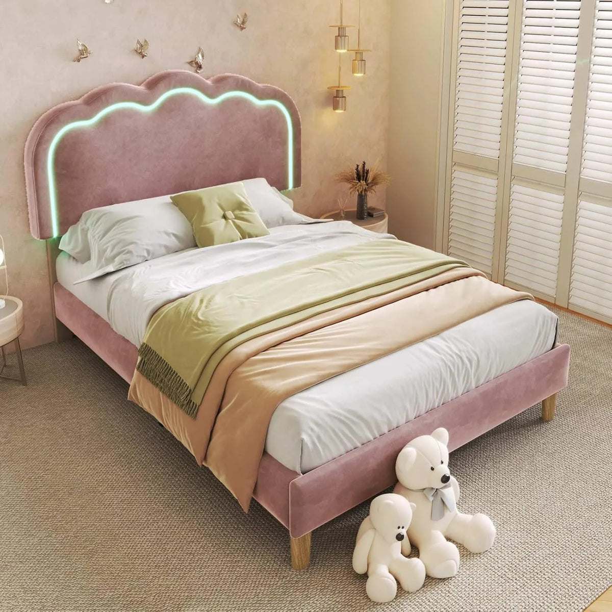 Lit Enfant 90x190 cm avec LED, Sommier en Bois Massif et Tête de Lit Ajustable