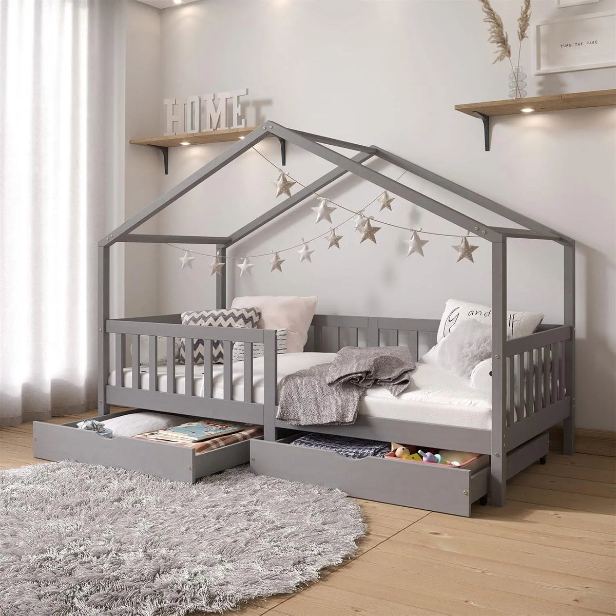 Lit cabane Montessori enfant 90x200 cm avec rangements gris en pin massif