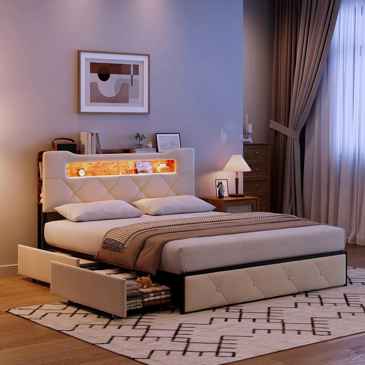 Lit Double Velours 160x200 avec LED, USB et Rangement, Beige