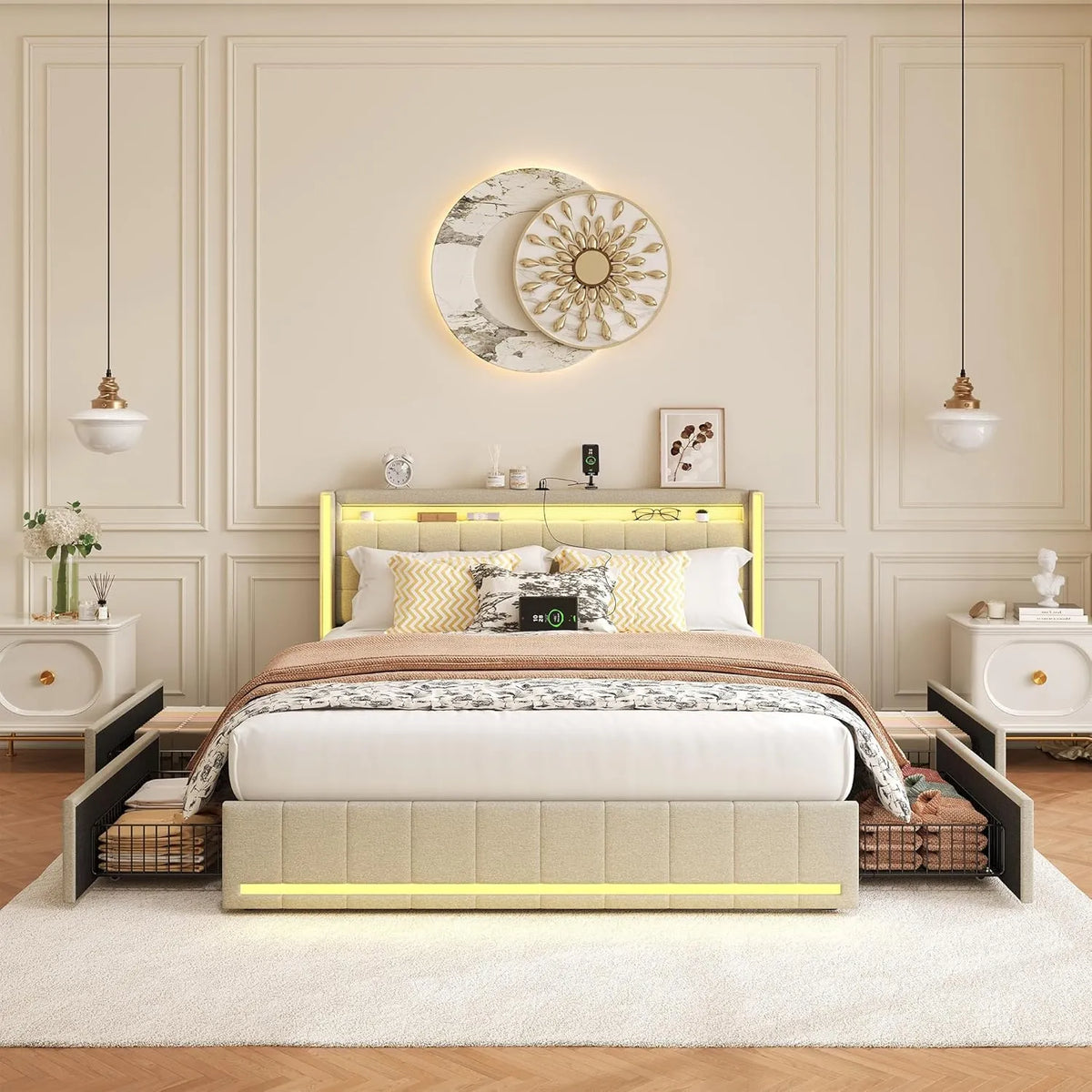Lit Double 160x200cm avec LED et Ports USB, 4 Tiroirs, Facile à Assembler, Beige