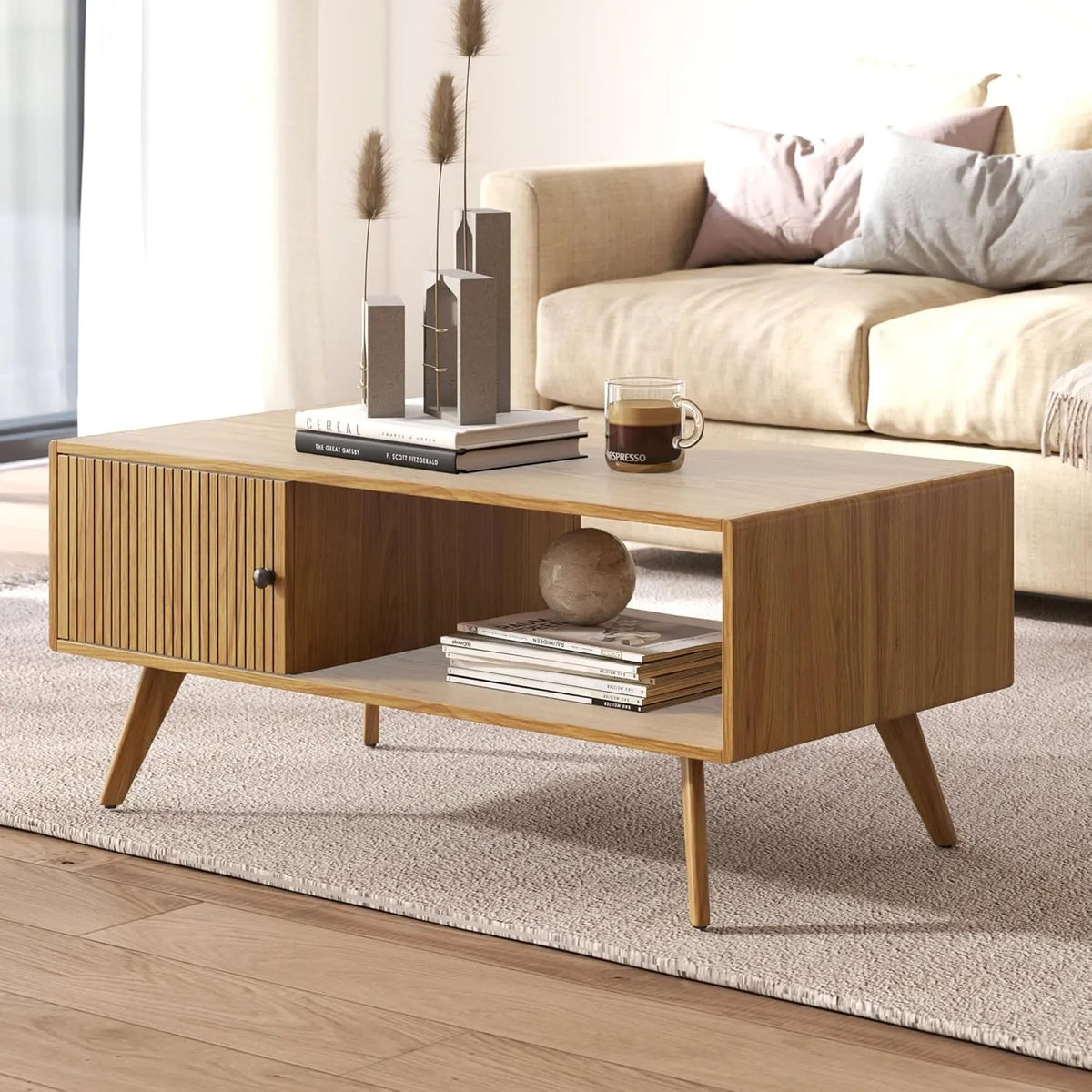 Table Basse Scandinave en Chêne avec Rangement, 105x55x45cm, Montage Facile et Solide
