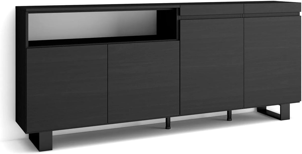 Buffet de Cuisine Moderne Noir avec 4 Portes, Design Industriel, 200x87x35cm
