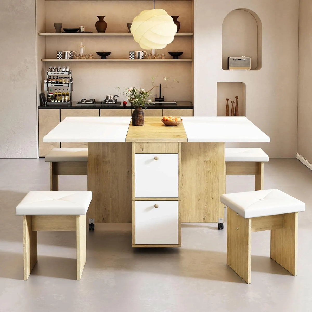 Ensemble de Table à Manger Pliante avec 4 Chaises, 120x80x75cm, Multifonction Blanc et Chêne