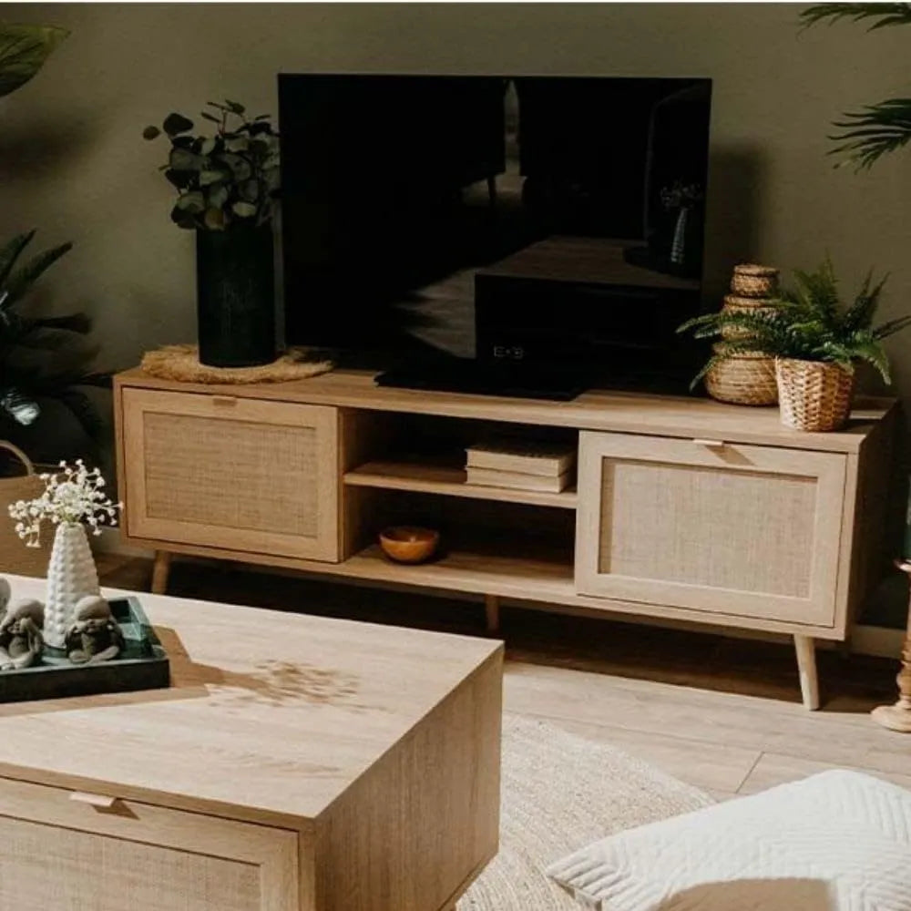 Meuble TV en Chêne avec Portes et Effet Osier - 150x52 cm