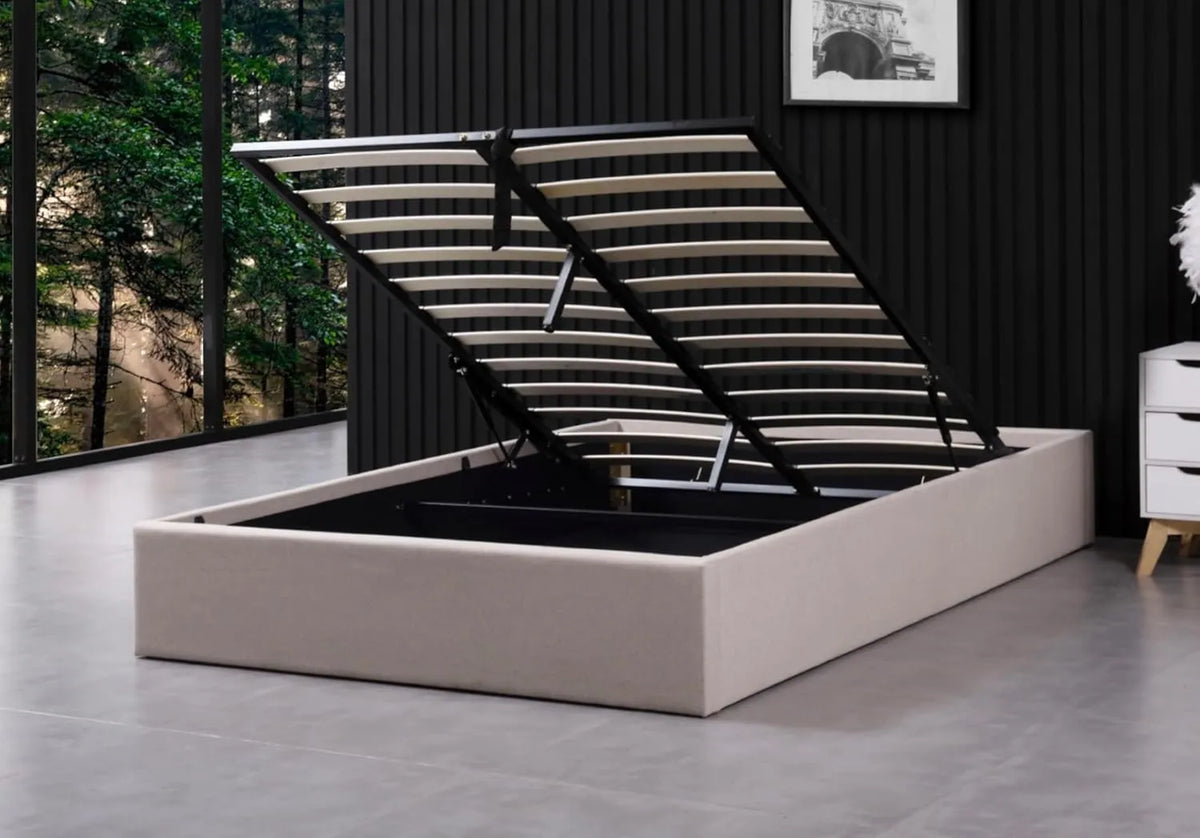 Lit Coffre en Tissu Beige avec Rangement, 140 x 190 cm