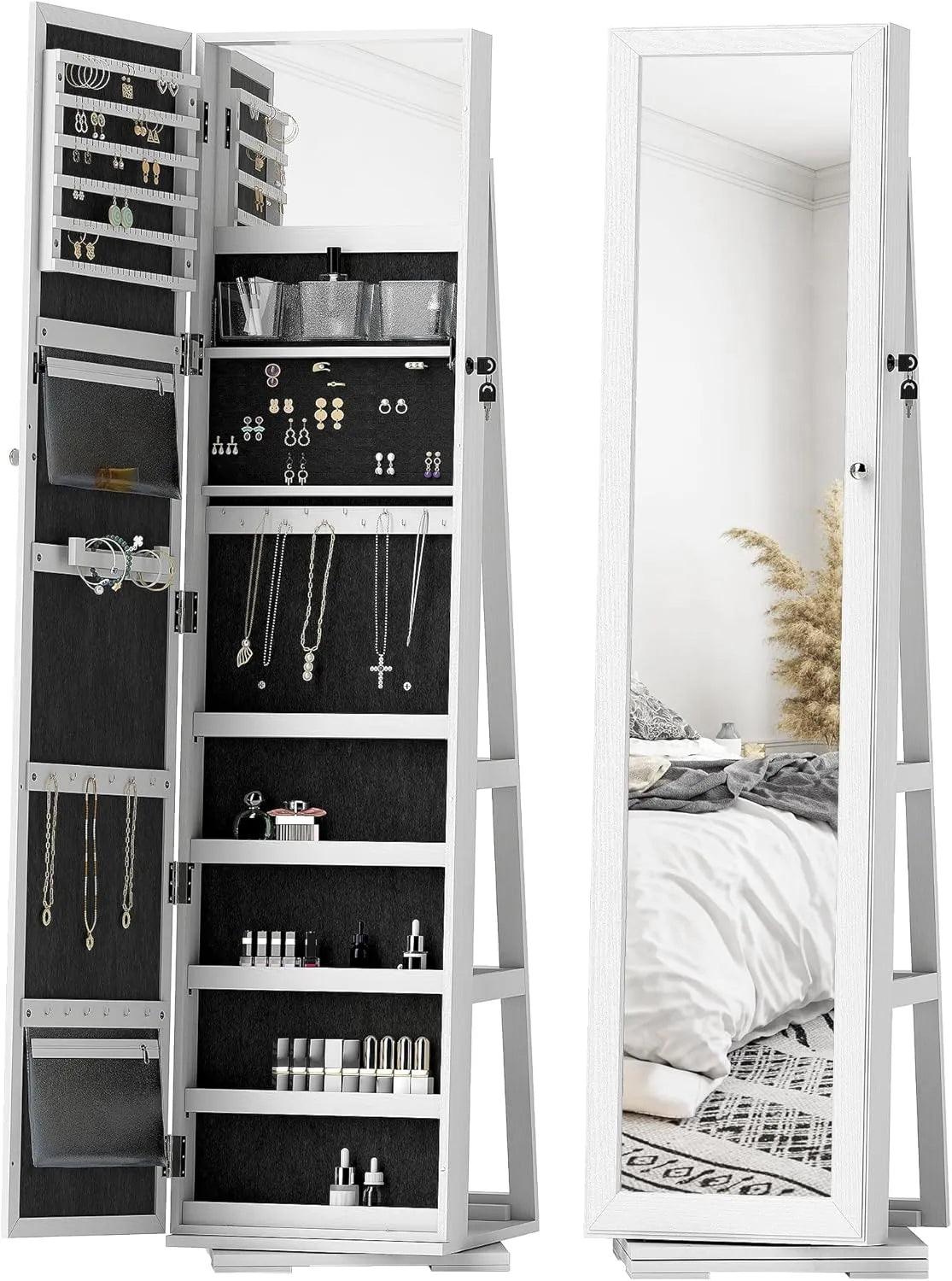 Miroir Armoire à Bijoux Verrouillable avec Rangement Multiples en Bois Blanc