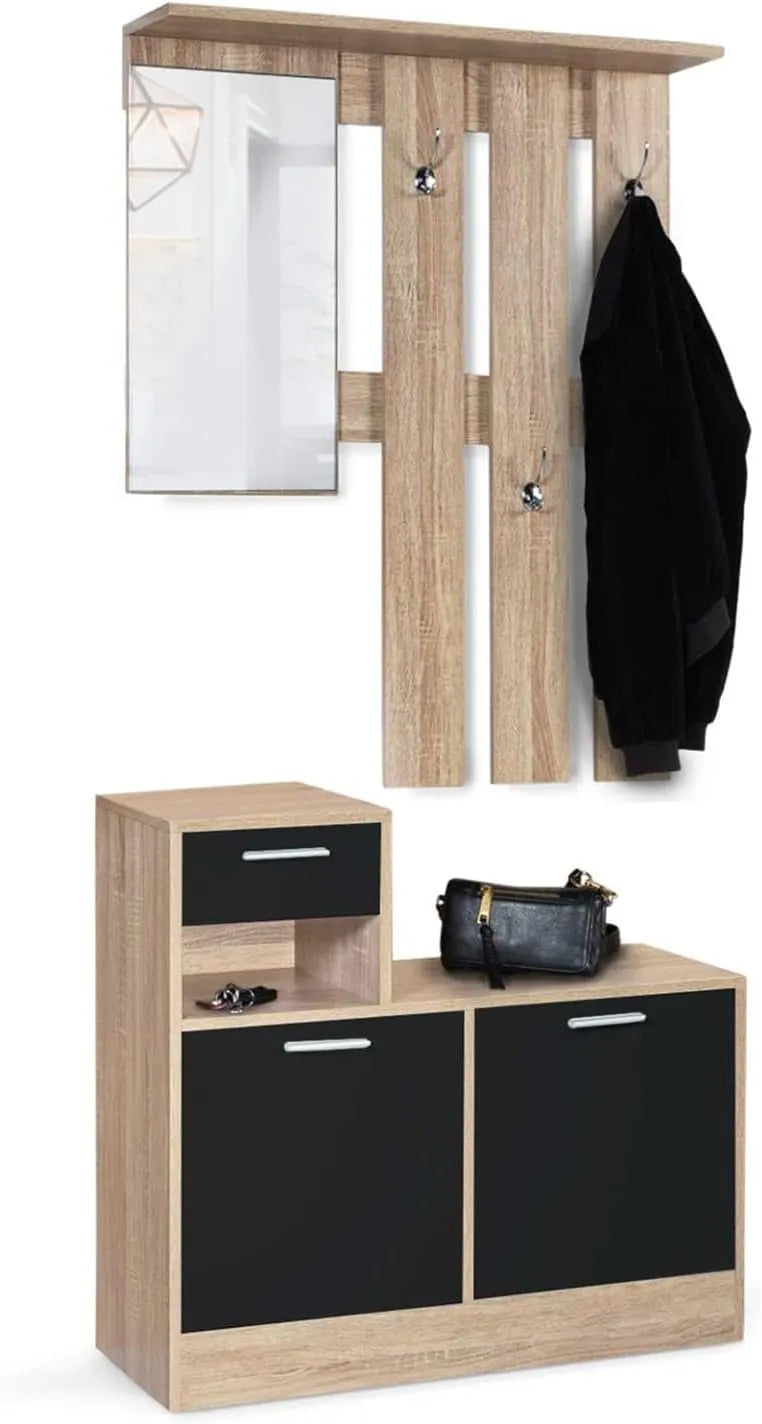 Armoire d'Entrée en Hêtre avec Miroir et Portes Noires - Design PAULIN