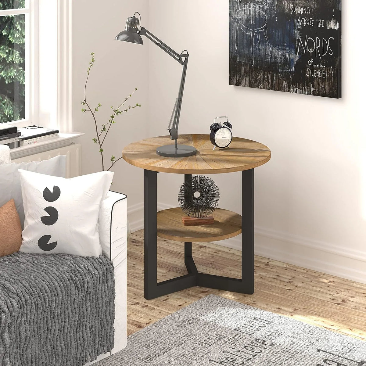 Table d'appoint ronde avec étagère de rangement à deux niveaux, idéale pour le salon