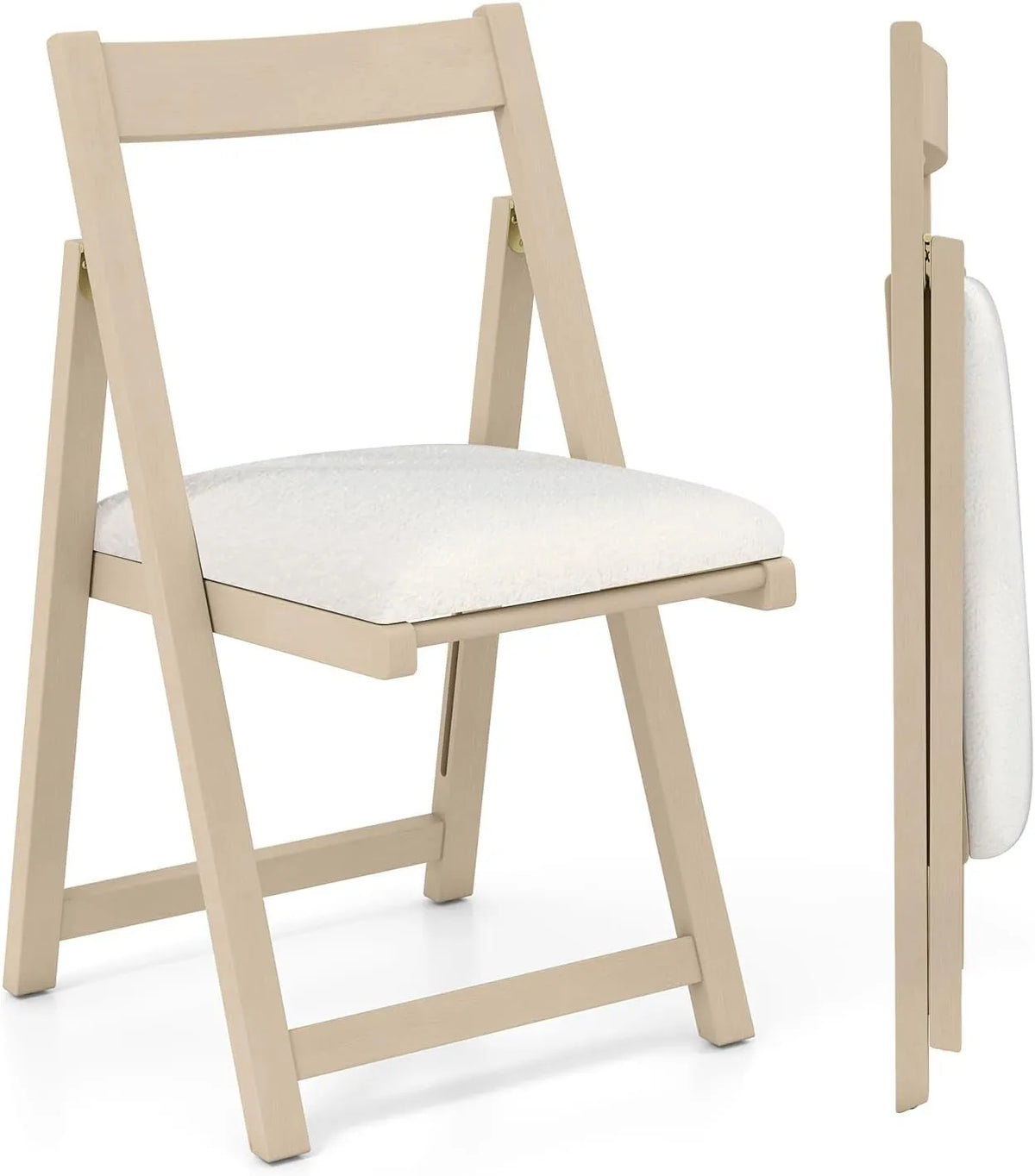 Ensemble de 2 Chaises Pliantes Rembourrées avec Dossier Ergonomique, Structure en Bois de Hévéa, Capacité 150 kg, pour Salle à Manger et Salon (Naturel/Beige)