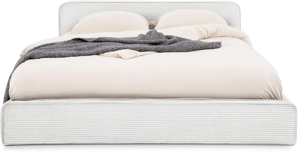 Lit Double Moderne 140x190 cm en Velours Côtelé Ivoire avec Sommier