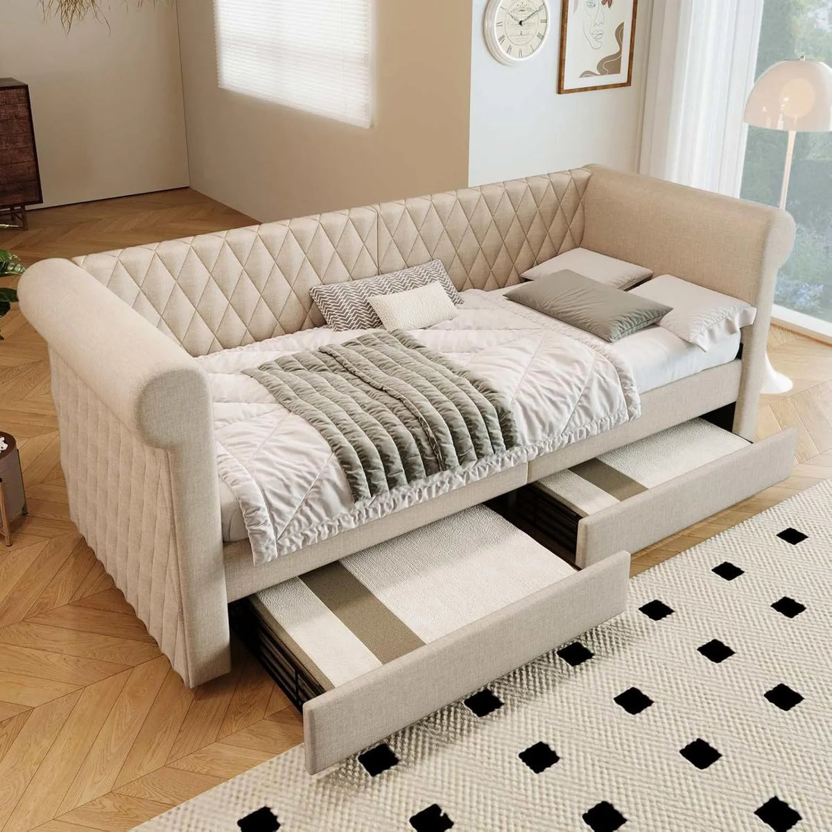 Canapé-lit Scandinave Beige avec Rangement Tiroirs 90x200cm