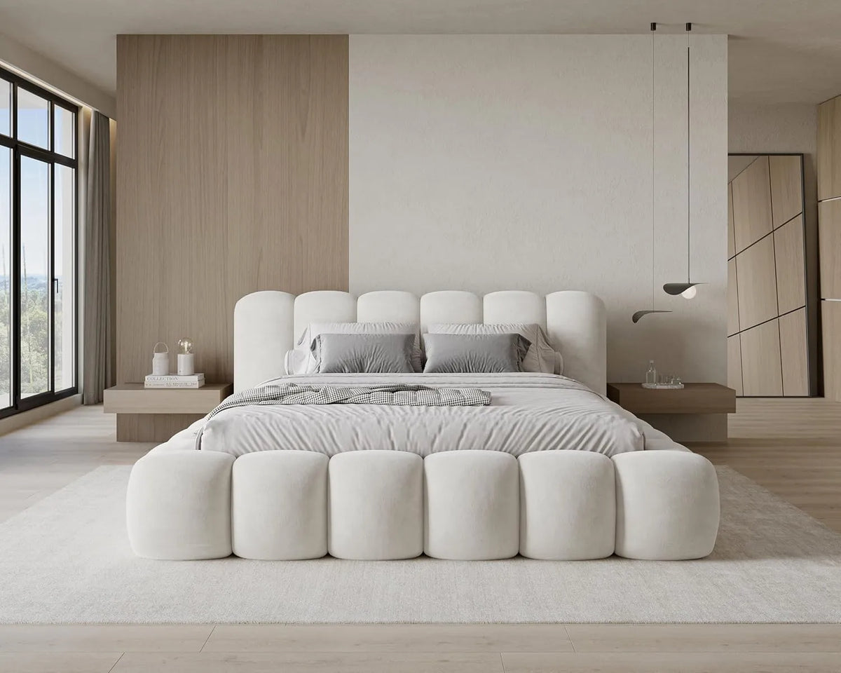 Lit Coffre 160x200 en Velours Beige Élégant pour 2 Personnes